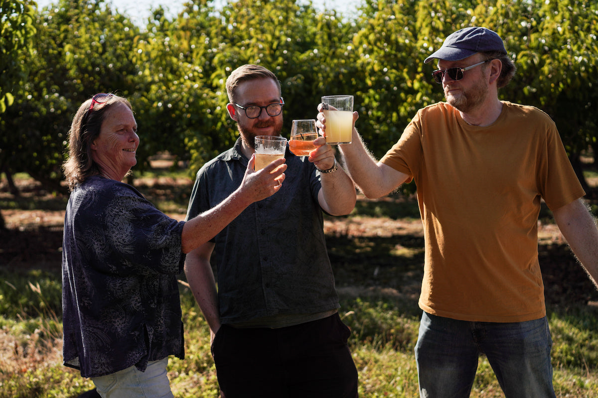 A scene of  people drinking in our orchards, what you can enjoy with a cider tour and tasting gift voucher.
