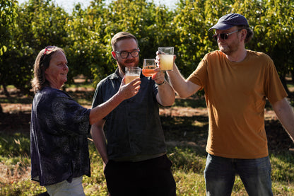 A scene of  people drinking in our orchards, what you can enjoy with a cider tour and tasting gift voucher.